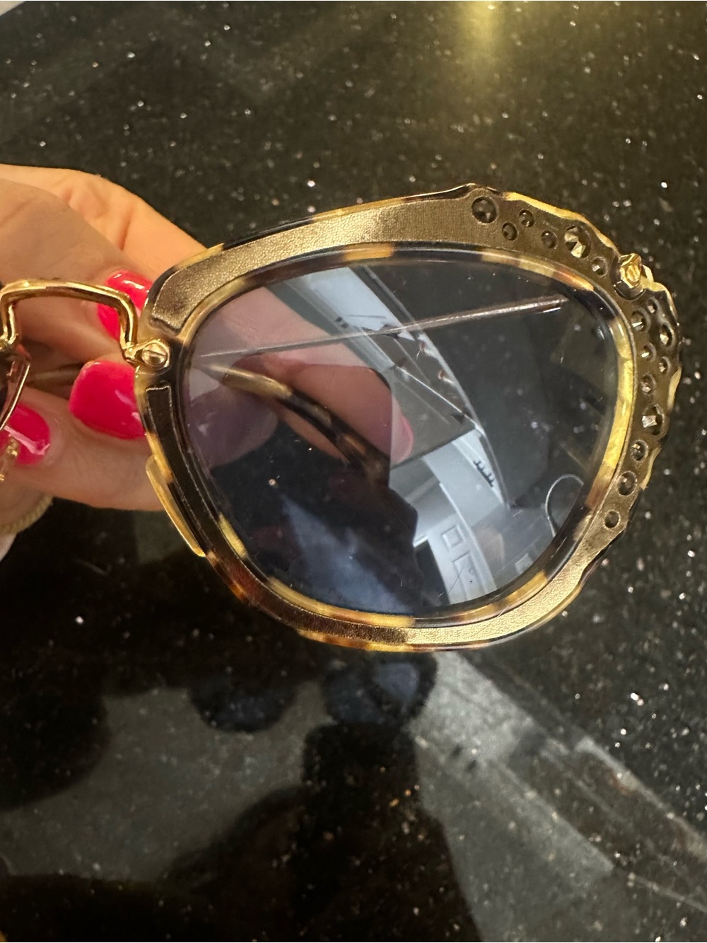 Miu Miu Gold Tortoiseshell Frame Sunglasses with Purple Lenses - Picture 5 of 6